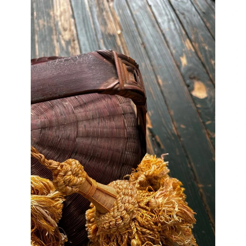 Vintage Asian Tiered Wedding Basket Woven Bamboo Tassel Handle Red Brown 12 Inch